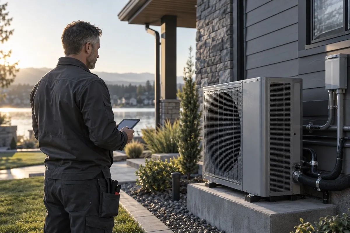 Illustrative HVAC technician at a residential heat pump